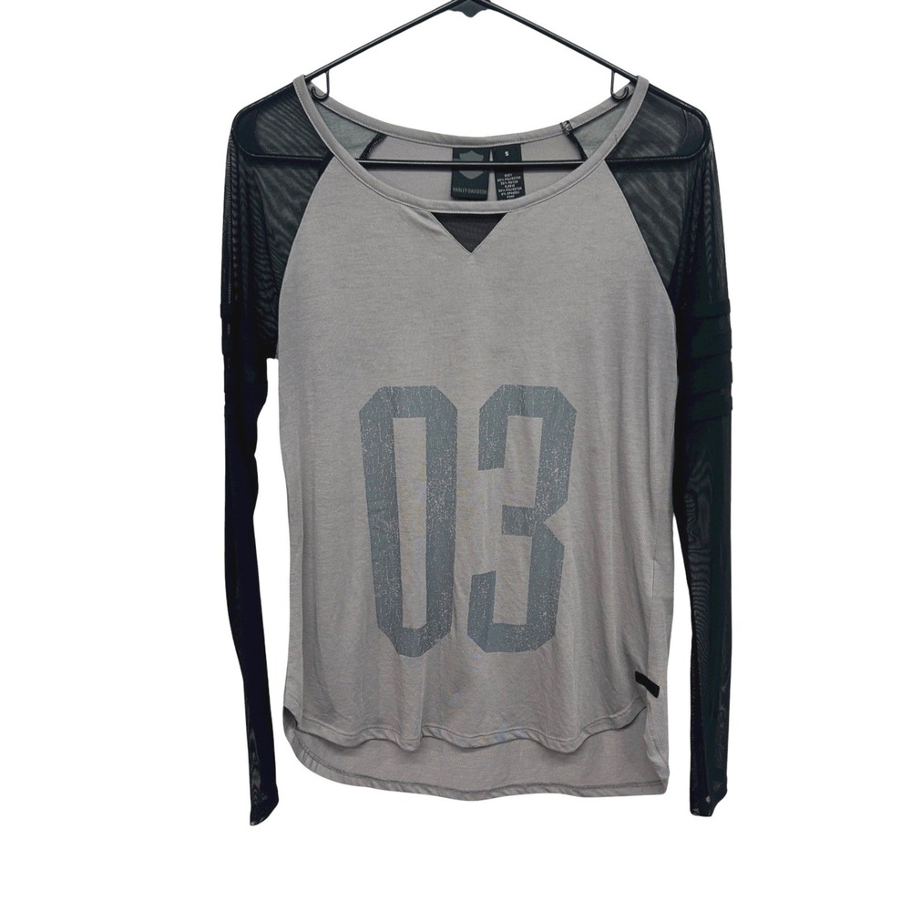 Harley Davidson Mesh Sleeve Moto Shirt Womens Small Gray Long‎ Sleeve Biker Top